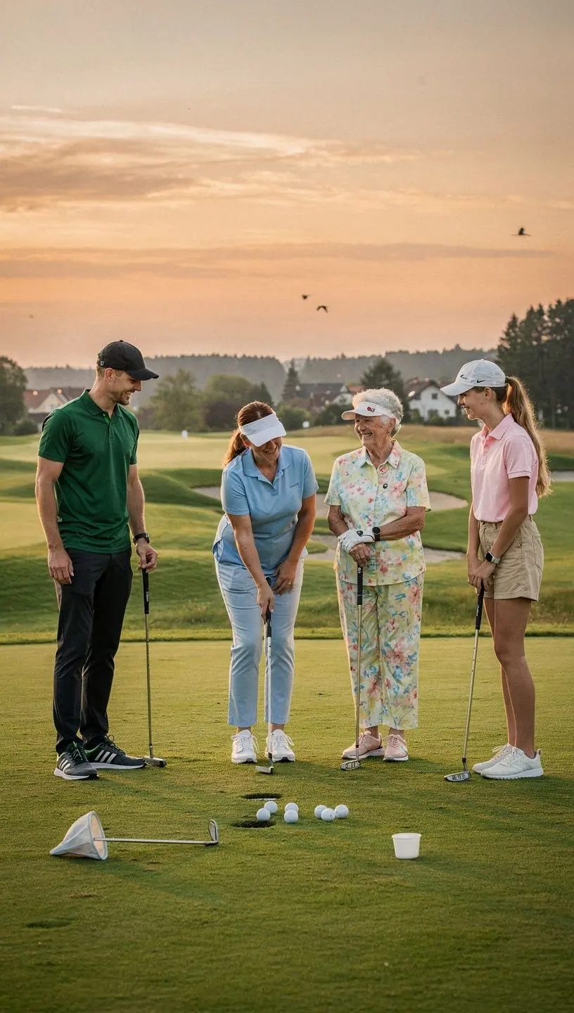 Ein Spieler puttet konzentriert auf dem Grün, während die Sonne untergeht.