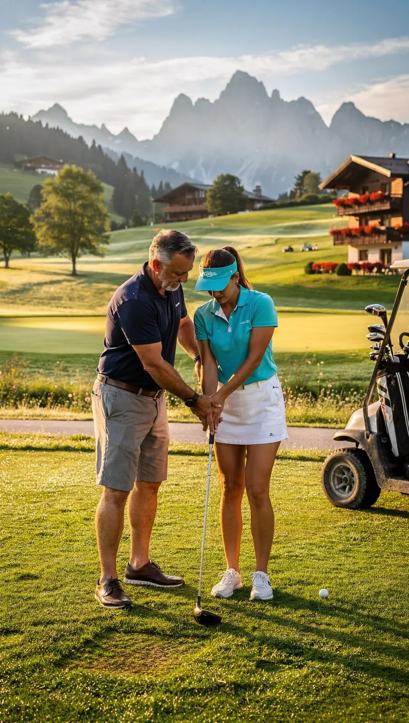 Ein Golftrainer demonstriert den perfekten Schwung auf dem Übungsplatz.