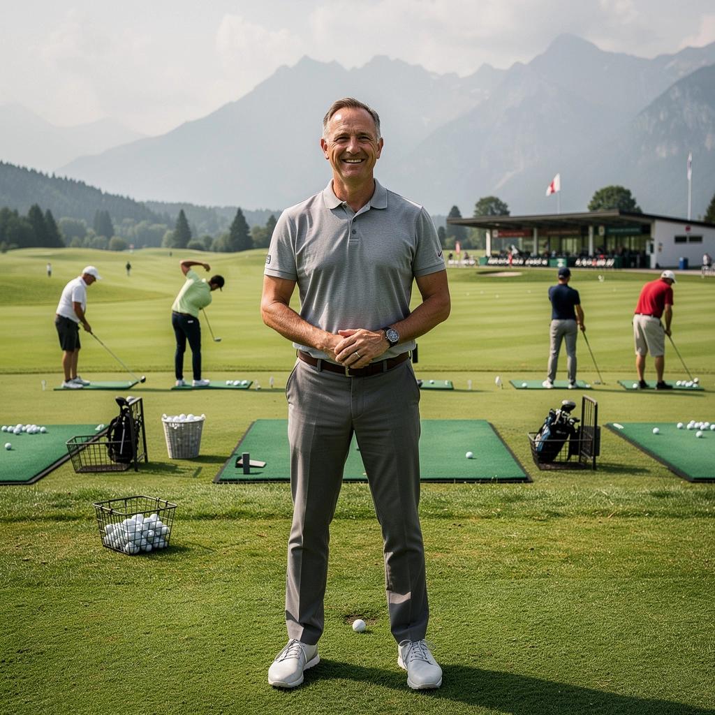 Ein Close-up eines Golfschlägers, der bereit ist, den Ball zu treffen.