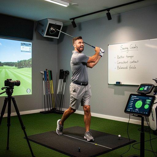 Ein Online-Kurs, der auf einem Laptop gezeigt wird, mit einem Golfvideo.